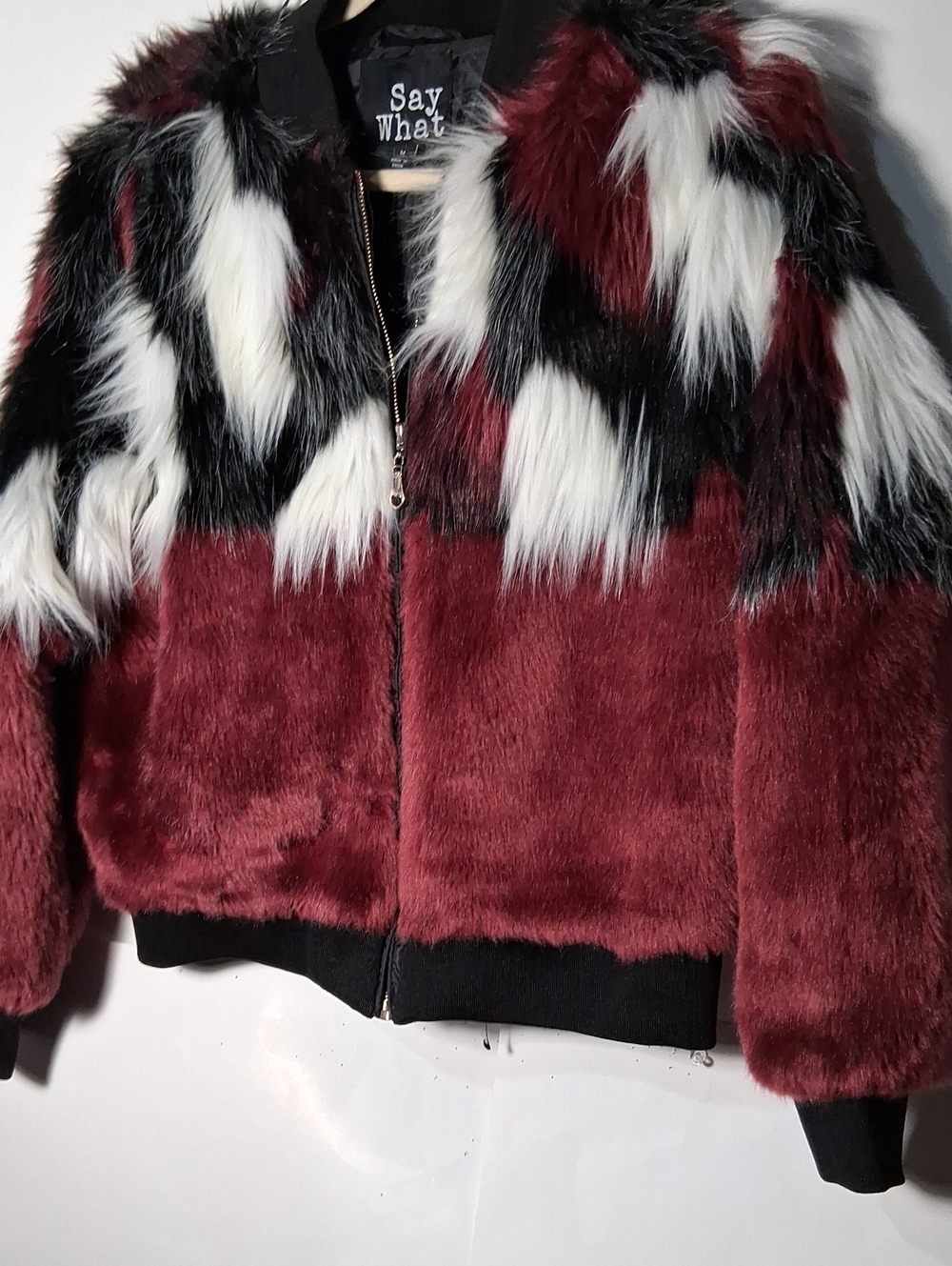 Say What? Burgundy, Black & White Faux Fur Colorblock Bomber Jacket